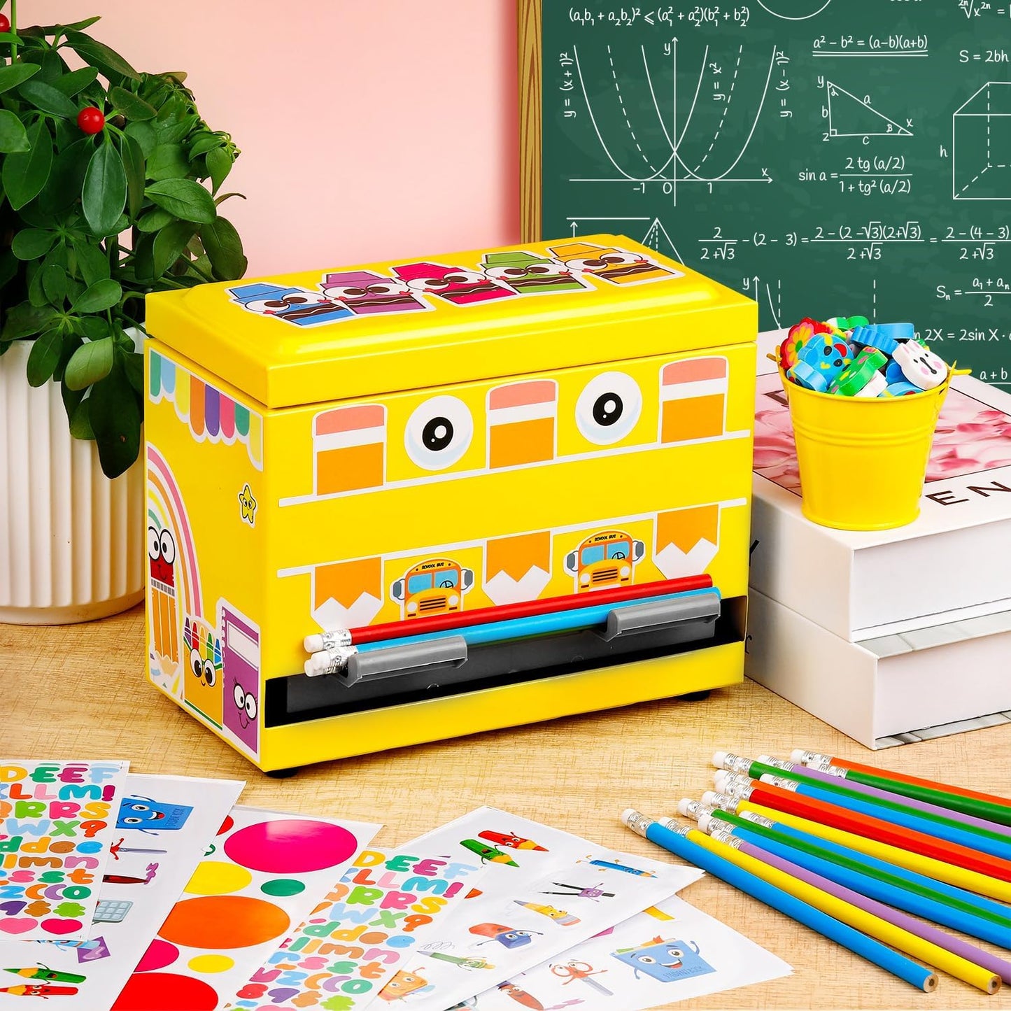 159Pcs Pencil Dispenser for Classroom,Pencil Dispenser Kit with Pencils Sharpener Erasers Stickers Metal Bucket,Pen Holder for Desk Classroom Teacher Must Haves Office Supplies(Yellow)