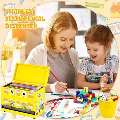 159Pcs Pencil Dispenser for Classroom,Pencil Dispenser Kit with Pencils Sharpener Erasers Stickers Metal Bucket,Pen Holder for Desk Classroom Teacher Must Haves Office Supplies(Yellow)