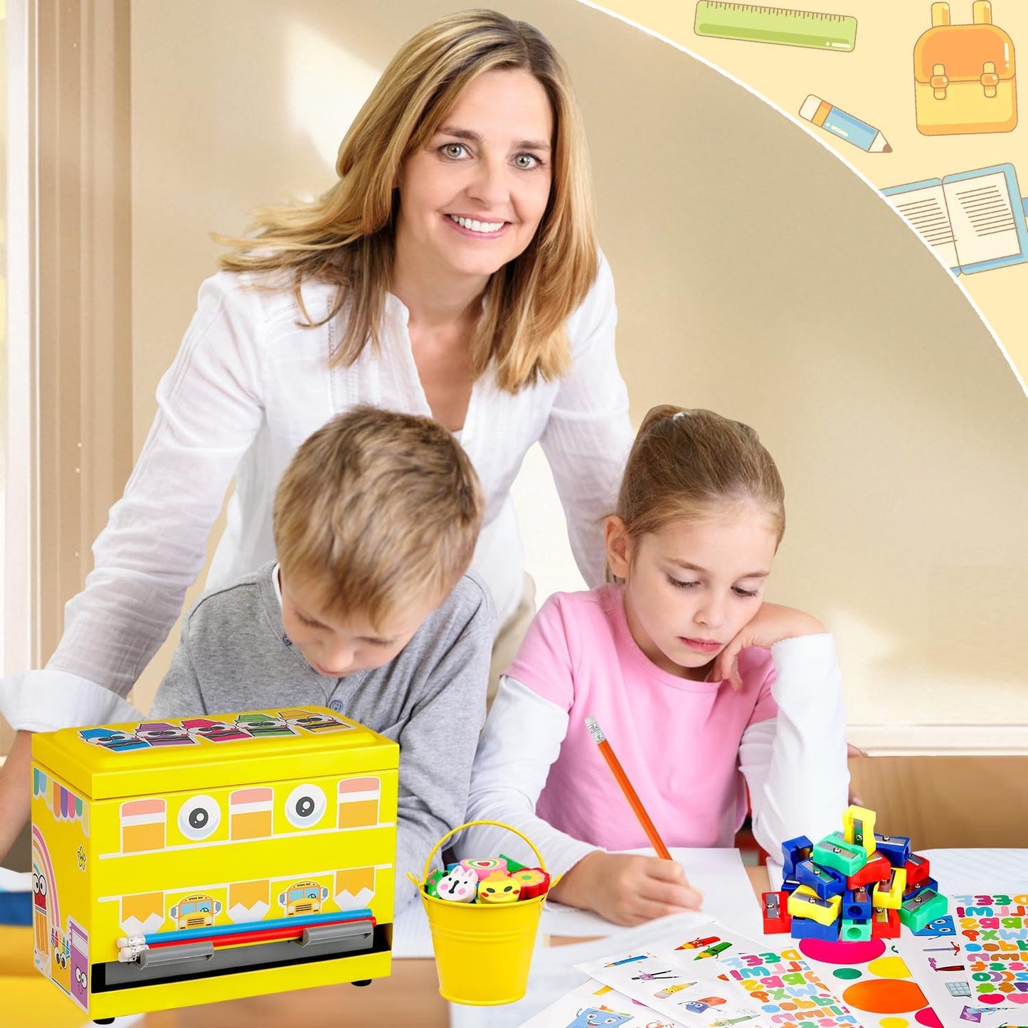 159Pcs Pencil Dispenser for Classroom,Pencil Dispenser Kit with Pencils Sharpener Erasers Stickers Metal Bucket,Pen Holder for Desk Classroom Teacher Must Haves Office Supplies(Yellow)