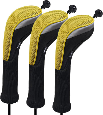 3pcs Long Neck Golf Hybrid Club Head Covers Dial No. Tag CTMT-02 | Mesh Breathable material | all the Same Size | Coloured Piping | Pull-On Closure