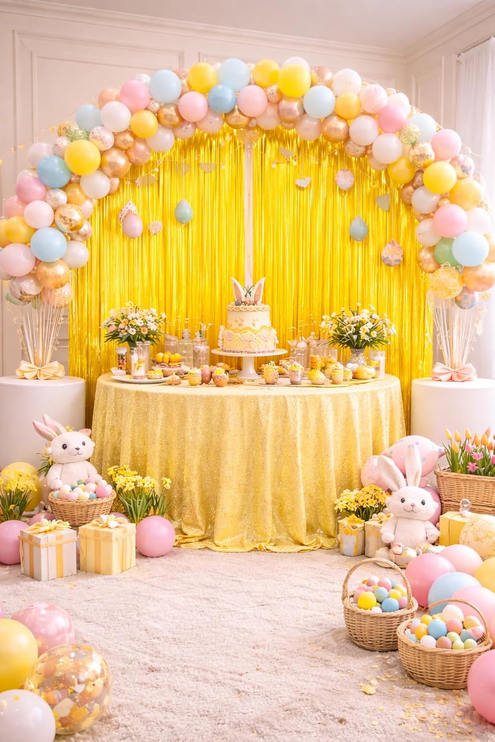 2 Pack Yellow Macron Fringe Curtain Backdrop Streamers 3.2ft x 6.4ft. Party Decoration for Birthday, Wedding, New Years Eve, Graduation, Photo Booth & Event Decorations