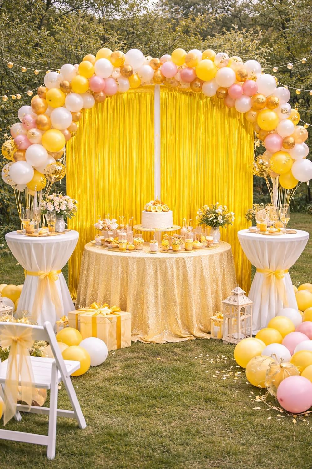 2 Pack Yellow Macron Fringe Curtain Backdrop Streamers 3.2ft x 6.4ft. Party Decoration for Birthday, Wedding, New Years Eve, Graduation, Photo Booth & Event Decorations