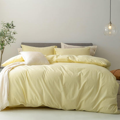 Duvet Cover Set 100% Washed Cotton Linen Feel Queen | Super Soft Breathable Lightweight & All Season Bedding Set with Hidden Zipper & 8 Corner Ties(Pastel Yellow)
