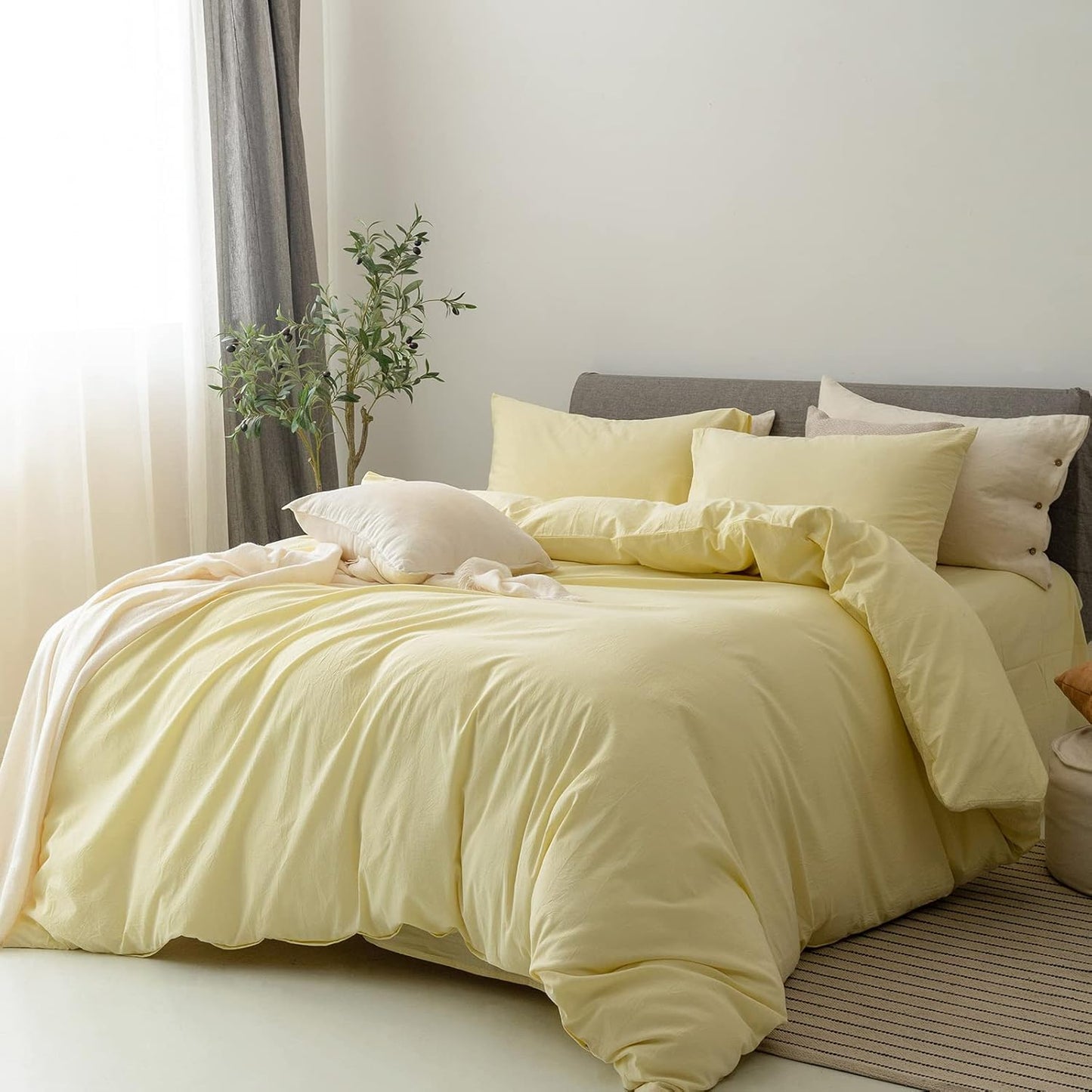 Duvet Cover Set 100% Washed Cotton Linen Feel Queen | Super Soft Breathable Lightweight & All Season Bedding Set with Hidden Zipper & 8 Corner Ties(Pastel Yellow)