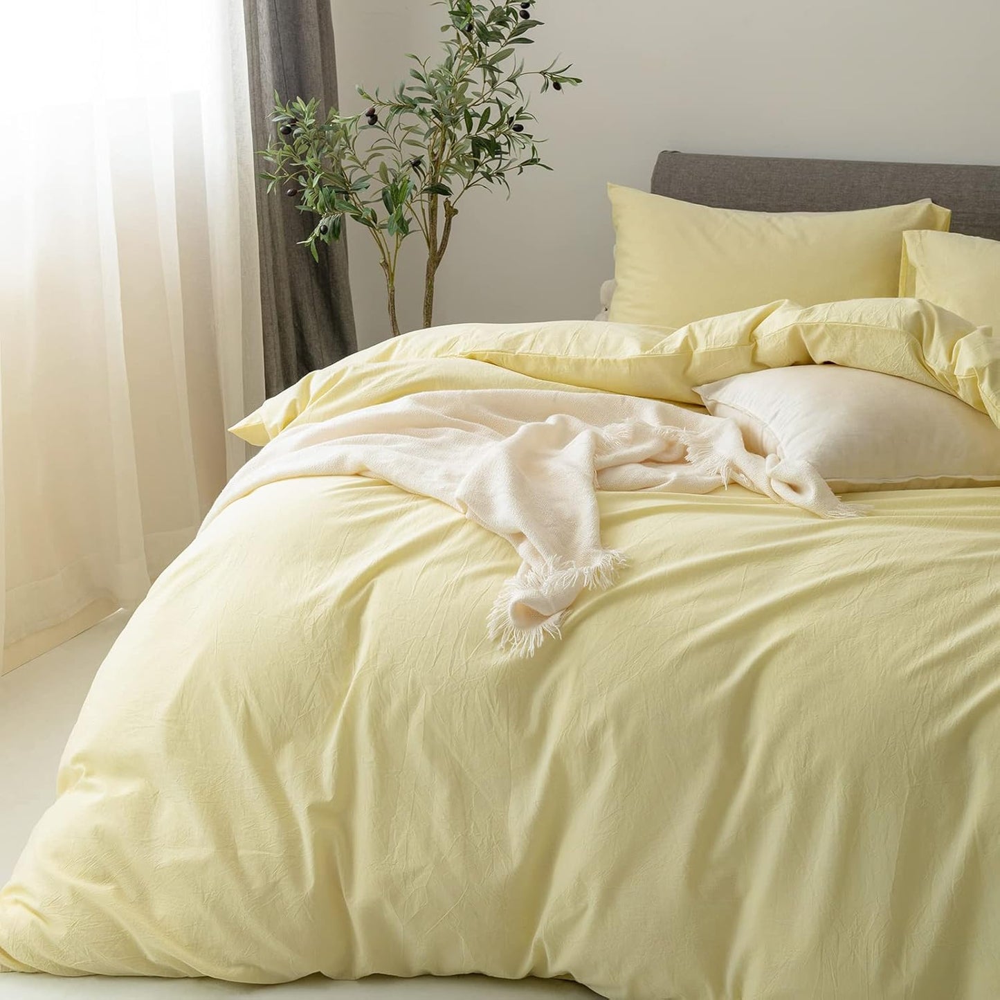 Duvet Cover Set 100% Washed Cotton Linen Feel Queen | Super Soft Breathable Lightweight & All Season Bedding Set with Hidden Zipper & 8 Corner Ties(Pastel Yellow)