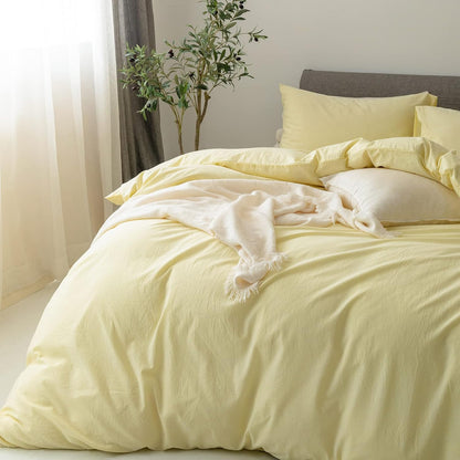 Duvet Cover Set 100% Washed Cotton Linen Feel Queen | Super Soft Breathable Lightweight & All Season Bedding Set with Hidden Zipper & 8 Corner Ties(Pastel Yellow)