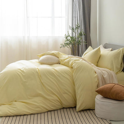 Duvet Cover Set 100% Washed Cotton Linen Feel Queen | Super Soft Breathable Lightweight & All Season Bedding Set with Hidden Zipper & 8 Corner Ties(Pastel Yellow)