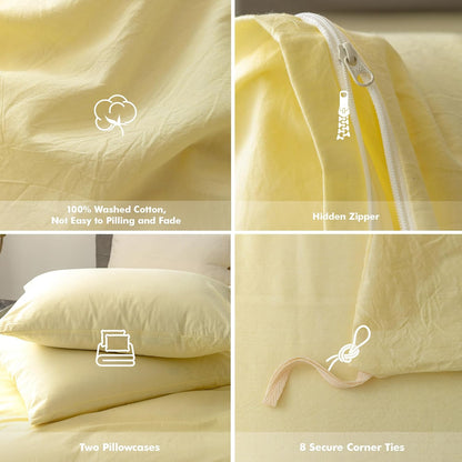 Duvet Cover Set 100% Washed Cotton Linen Feel Queen | Super Soft Breathable Lightweight & All Season Bedding Set with Hidden Zipper & 8 Corner Ties(Pastel Yellow)