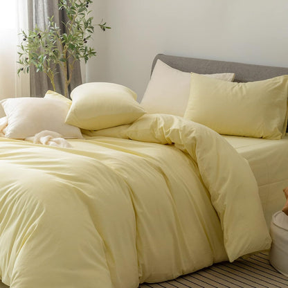 Duvet Cover Set 100% Washed Cotton Linen Feel Queen | Super Soft Breathable Lightweight & All Season Bedding Set with Hidden Zipper & 8 Corner Ties(Pastel Yellow)