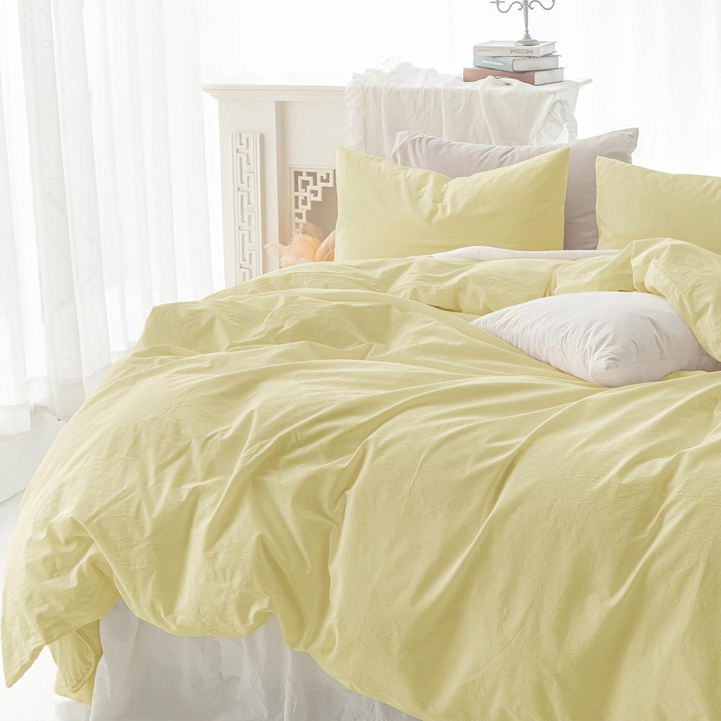 Duvet Cover Set 100% Washed Cotton Linen Feel Queen | Super Soft Breathable Lightweight & All Season Bedding Set with Hidden Zipper & 8 Corner Ties(Pastel Yellow)