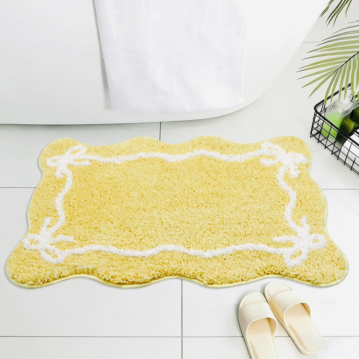 Yellow Bow Bathroom Rug Cute Non Slip Bath Mat,Microfiber Super Soft Absorbent Bathroom Mat for Floor, Shower(24x16 inch)