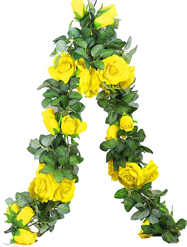 13 FT Artificial Rose Vine Flowers Fake Rose Garland Flower Silk Hanging Ivy Plants for Home Wedding Party Garden Arch Garden Wall Décor,2 Pack, (Yellow)