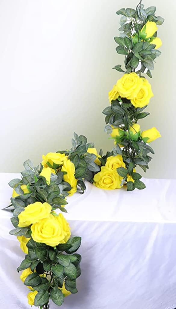 13 FT Artificial Rose Vine Flowers Fake Rose Garland Flower Silk Hanging Ivy Plants for Home Wedding Party Garden Arch Garden Wall Décor,2 Pack, (Yellow)