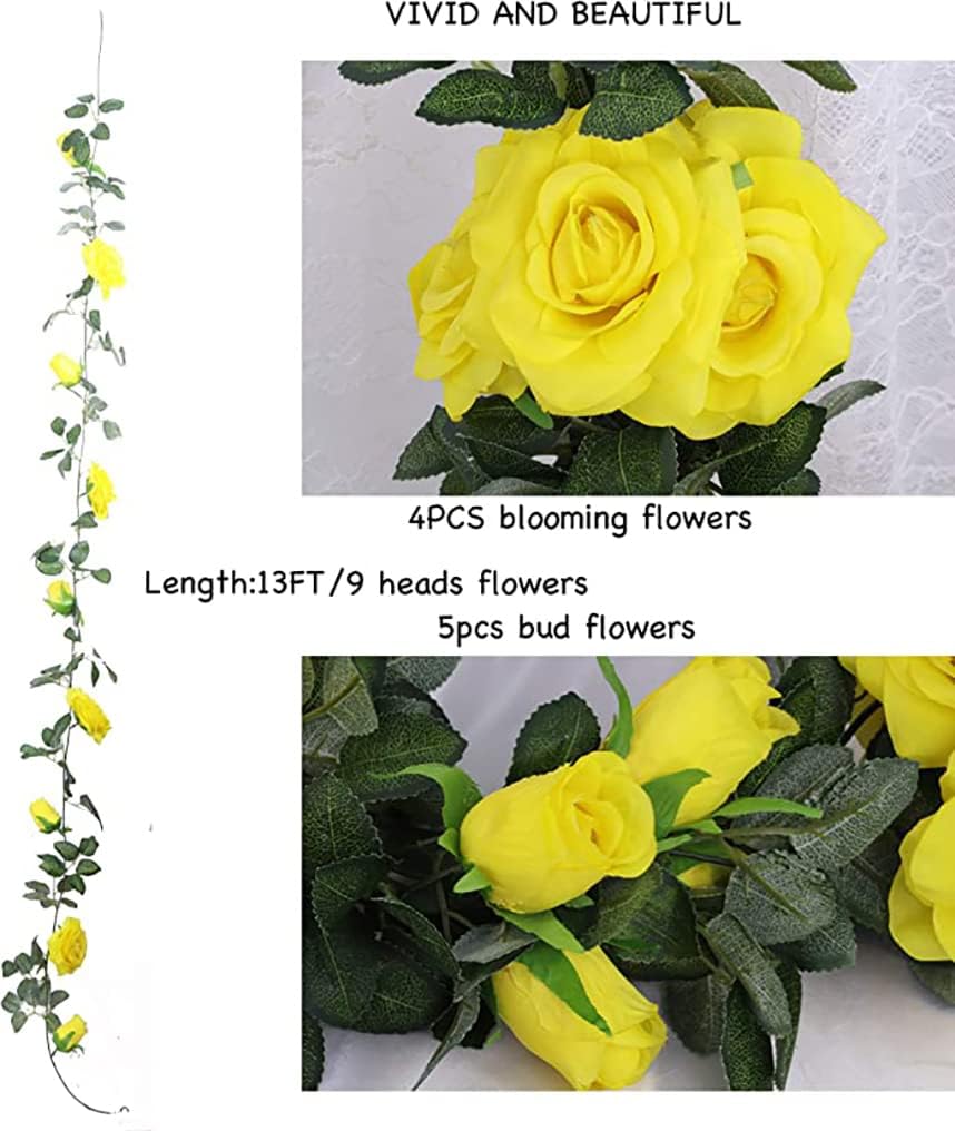 13 FT Artificial Rose Vine Flowers Fake Rose Garland Flower Silk Hanging Ivy Plants for Home Wedding Party Garden Arch Garden Wall Décor,2 Pack, (Yellow)
