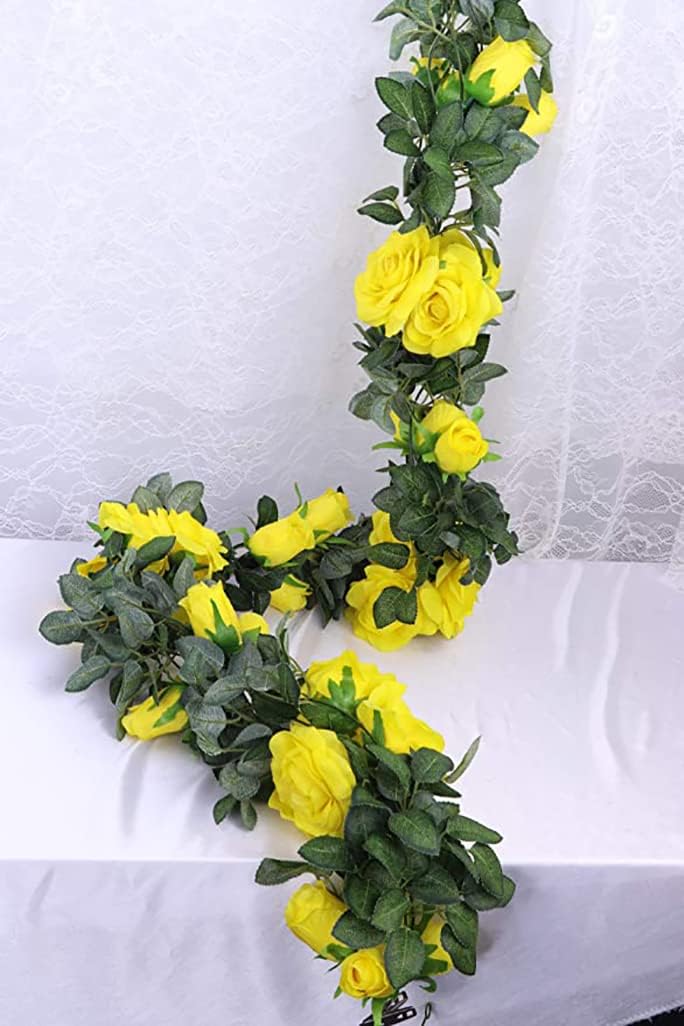 13 FT Artificial Rose Vine Flowers Fake Rose Garland Flower Silk Hanging Ivy Plants for Home Wedding Party Garden Arch Garden Wall Décor,2 Pack, (Yellow)