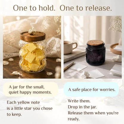 Gratitude Jar Set – Emotional Self Care, 2 Glass Jars with Yellow & White Notes for Anxiety Relief, Mood Management, Stress Release Gift for Women Teen Girls, Back to School Gift