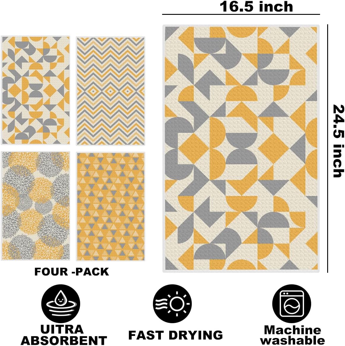 4 Pcs Abstract Artistic Kitchen Towels, Yellow Flower Soft Absorbent Tea Hand Towel, Microfiber Dish Cloths for Drying Dishes, Waffle Dish Towels for Kitchen Bathroom Home Decor for Women Mom