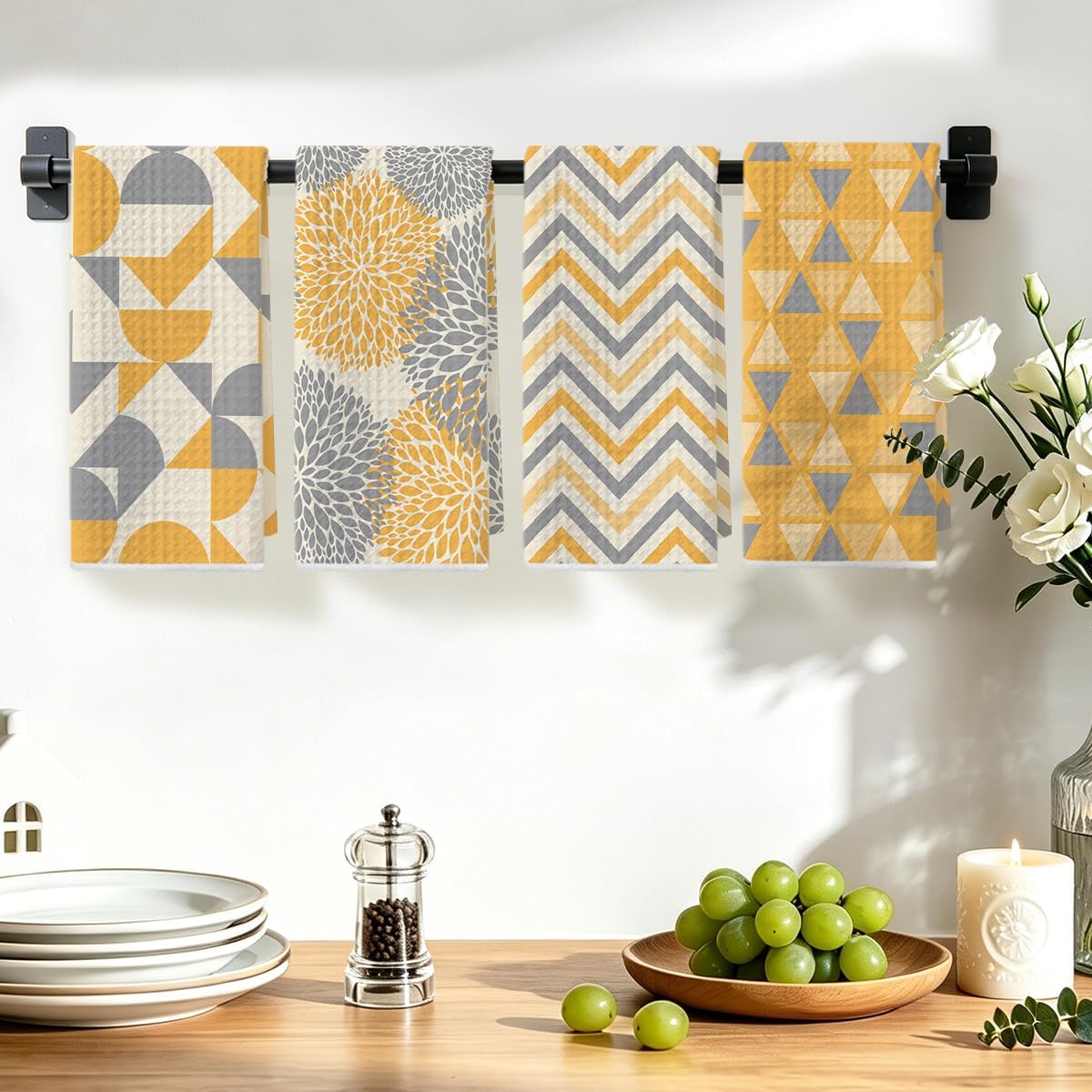 4 Pcs Abstract Artistic Kitchen Towels, Yellow Flower Soft Absorbent Tea Hand Towel, Microfiber Dish Cloths for Drying Dishes, Waffle Dish Towels for Kitchen Bathroom Home Decor for Women Mom