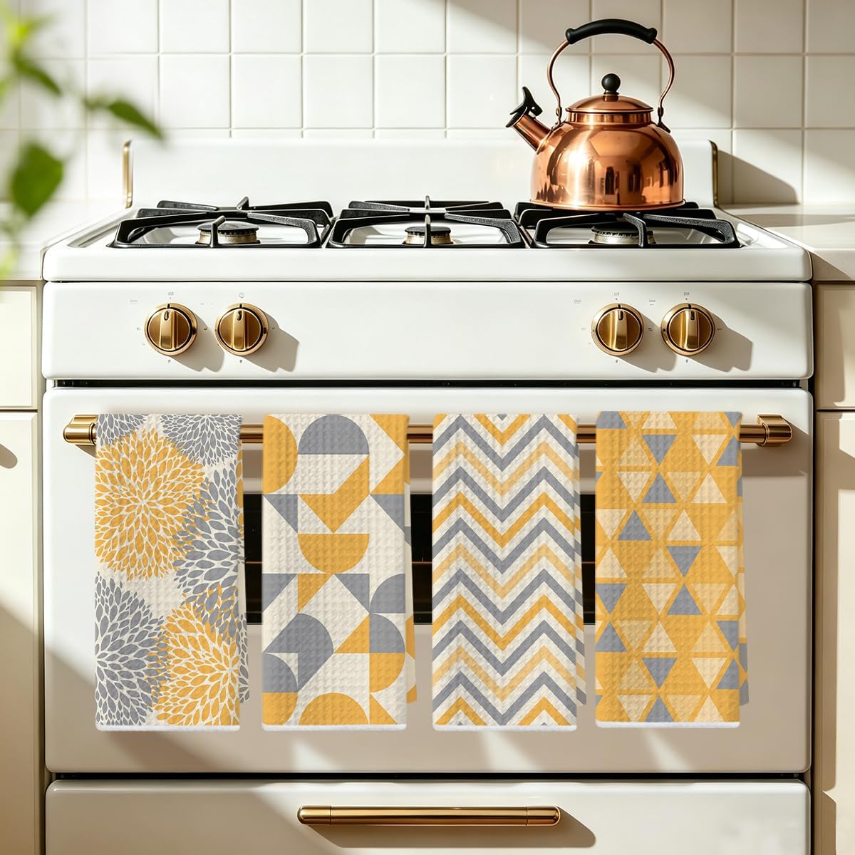 4 Pcs Abstract Artistic Kitchen Towels, Yellow Flower Soft Absorbent Tea Hand Towel, Microfiber Dish Cloths for Drying Dishes, Waffle Dish Towels for Kitchen Bathroom Home Decor for Women Mom