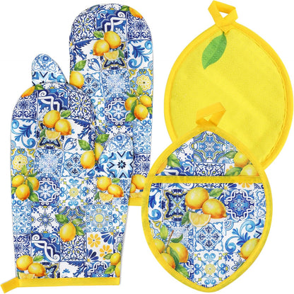 4Pcs Blue Tile Lemon Oven Mitts and Pot Holders Set Heat Resistant Non-Slip Potholders Vintage Chinoiserie Kitchen Oven Gloves with Hot Pads for Cooking Baking