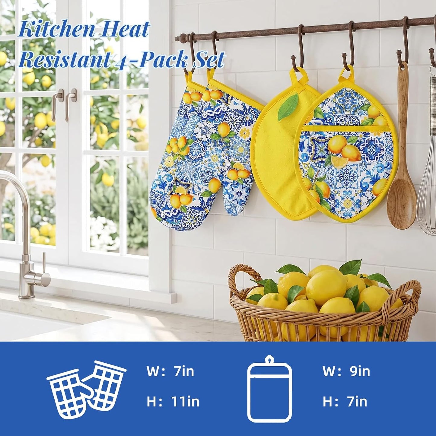 4Pcs Blue Tile Lemon Oven Mitts and Pot Holders Set Heat Resistant Non-Slip Potholders Vintage Chinoiserie Kitchen Oven Gloves with Hot Pads for Cooking Baking
