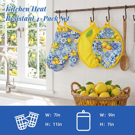 4Pcs Blue Tile Lemon Oven Mitts and Pot Holders Set Heat Resistant Non-Slip Potholders Vintage Chinoiserie Kitchen Oven Gloves with Hot Pads for Cooking Baking