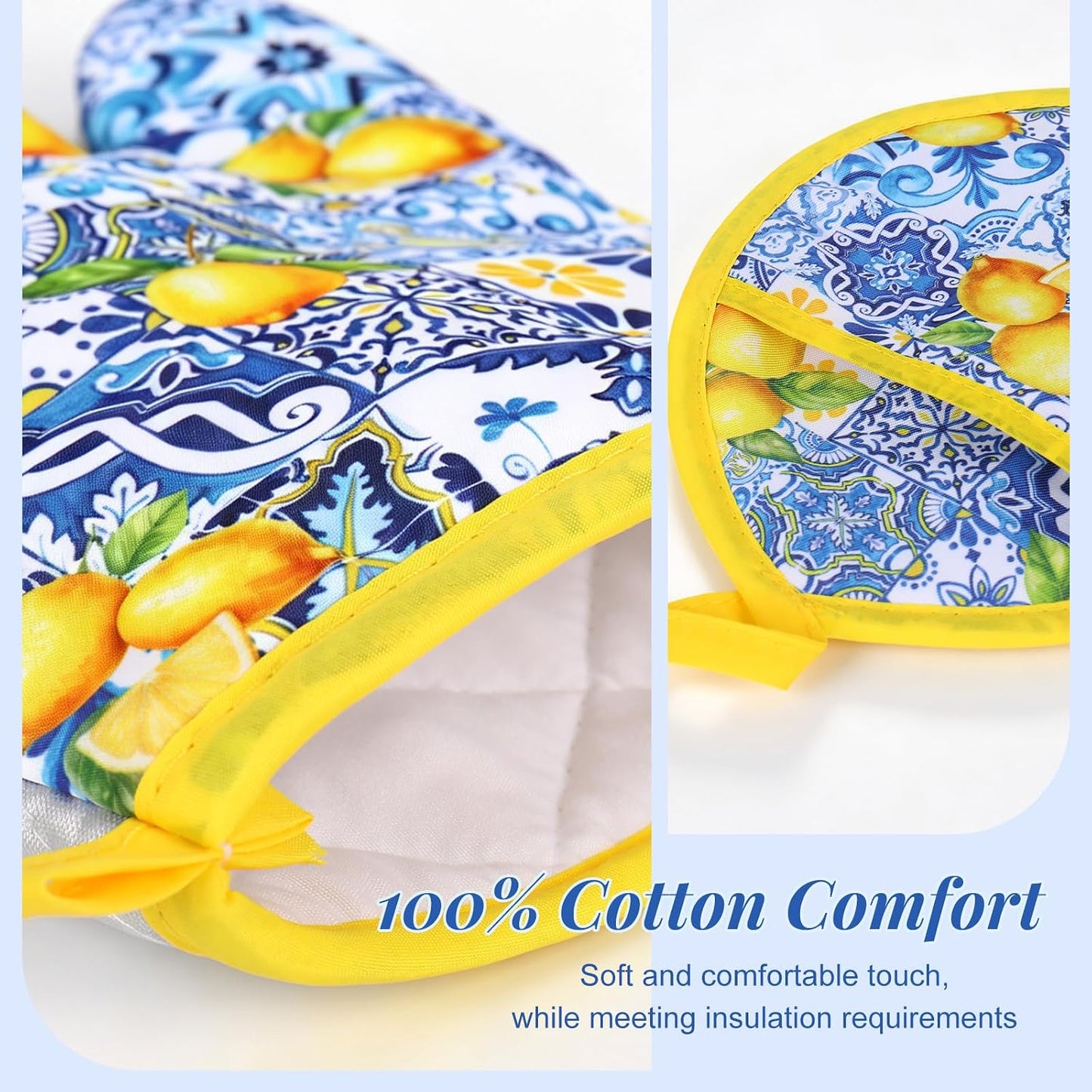 4Pcs Blue Tile Lemon Oven Mitts and Pot Holders Set Heat Resistant Non-Slip Potholders Vintage Chinoiserie Kitchen Oven Gloves with Hot Pads for Cooking Baking