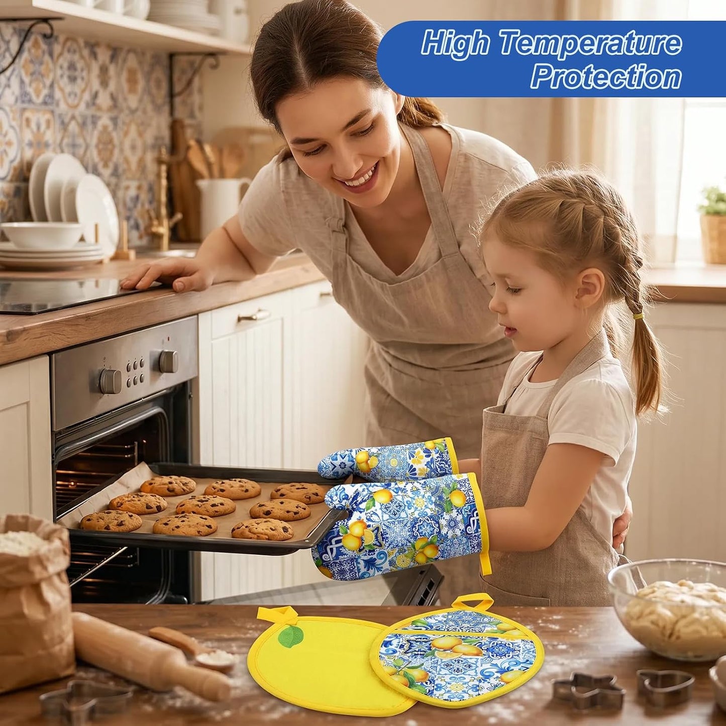4Pcs Blue Tile Lemon Oven Mitts and Pot Holders Set Heat Resistant Non-Slip Potholders Vintage Chinoiserie Kitchen Oven Gloves with Hot Pads for Cooking Baking