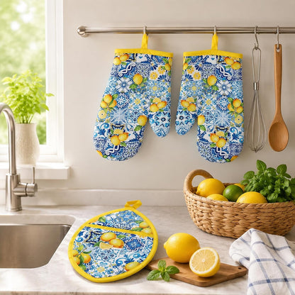 4Pcs Blue Tile Lemon Oven Mitts and Pot Holders Set Heat Resistant Non-Slip Potholders Vintage Chinoiserie Kitchen Oven Gloves with Hot Pads for Cooking Baking