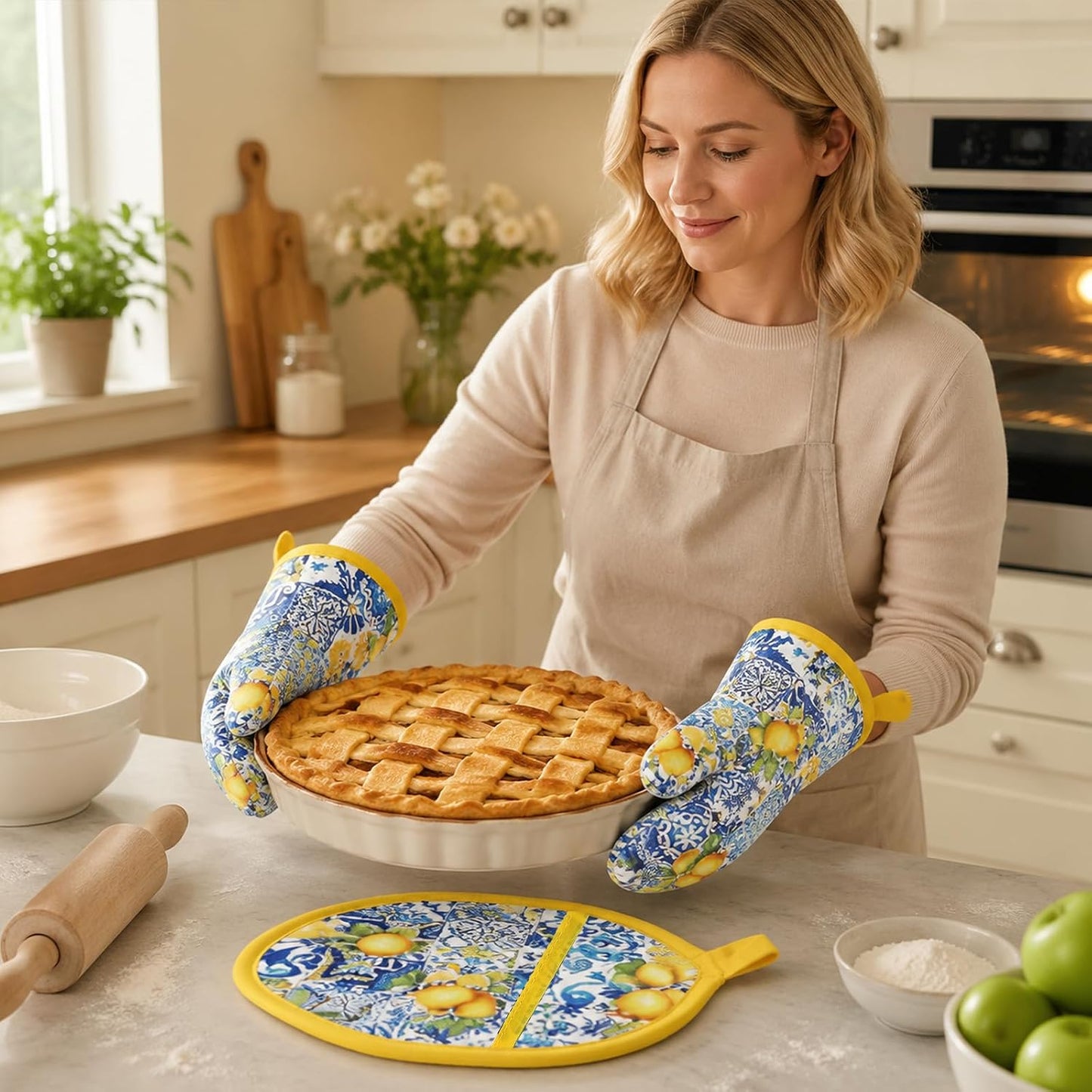 4Pcs Blue Tile Lemon Oven Mitts and Pot Holders Set Heat Resistant Non-Slip Potholders Vintage Chinoiserie Kitchen Oven Gloves with Hot Pads for Cooking Baking