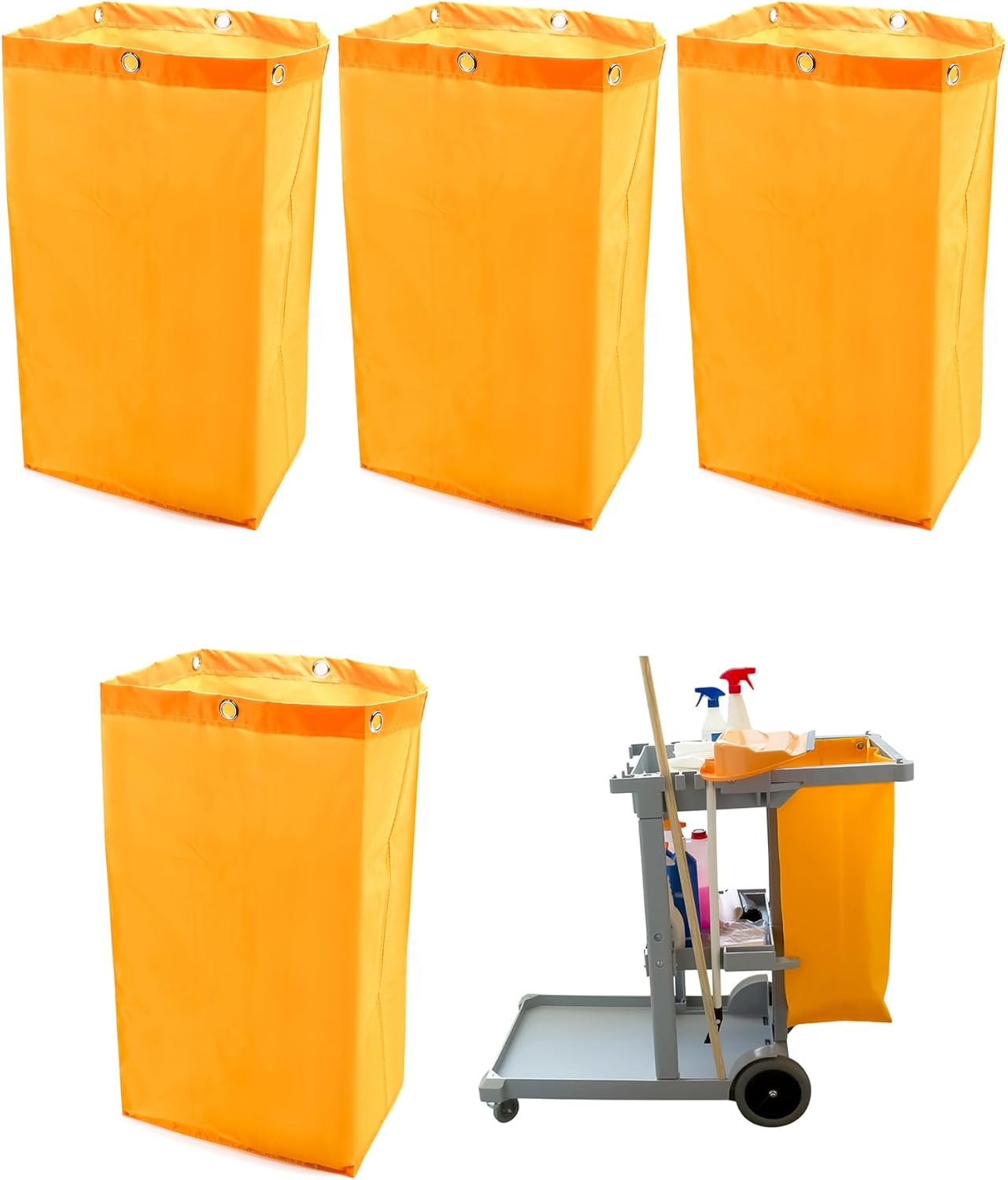 Replacement Janitorial Cart Bag, 4 Pack 24 Gallon Waterproof Large Capacity Housekeeping Commercial Replacement Cleaning Cart Bag for Collecting Trash or Clothing (Yellow)