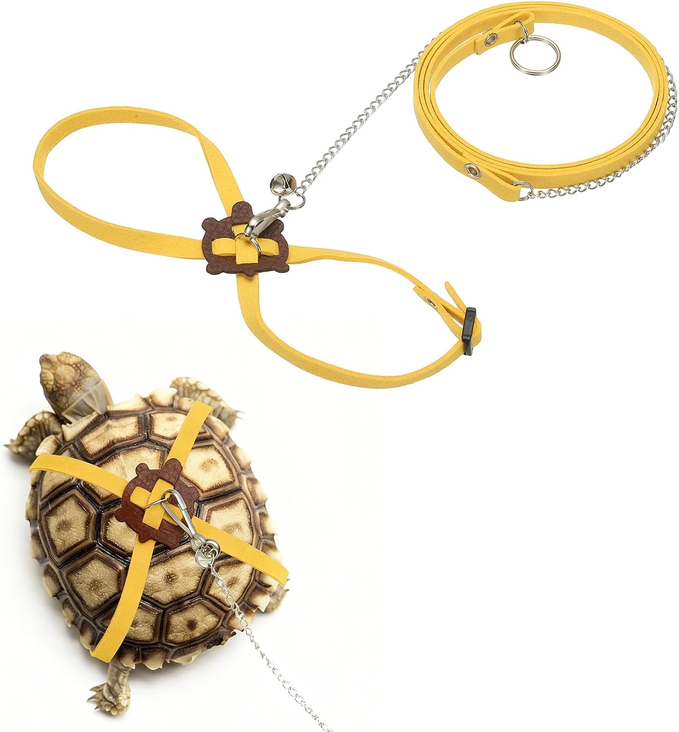 Tortoise Leash Harness, Adjustable Turtle Harness Chest Collar Pet Tortoise Walking Rope with Bell, (Leather, Small, Yellow), for Bearded Hamster Small Pets Outdoor