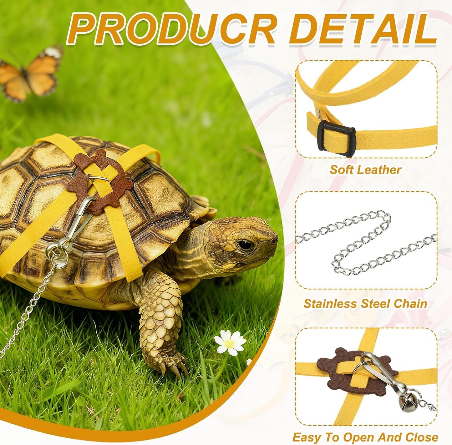 Tortoise Leash Harness, Adjustable Turtle Harness Chest Collar Pet Tortoise Walking Rope with Bell, (Leather, Small, Yellow), for Bearded Hamster Small Pets Outdoor