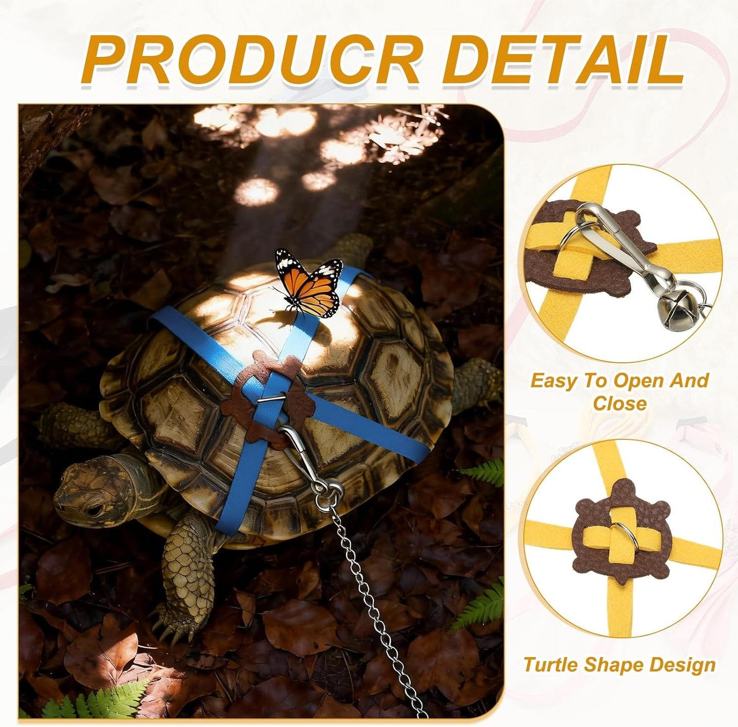 Tortoise Leash Harness, Adjustable Turtle Harness Chest Collar Pet Tortoise Walking Rope with Bell, (Leather, Small, Yellow), for Bearded Hamster Small Pets Outdoor