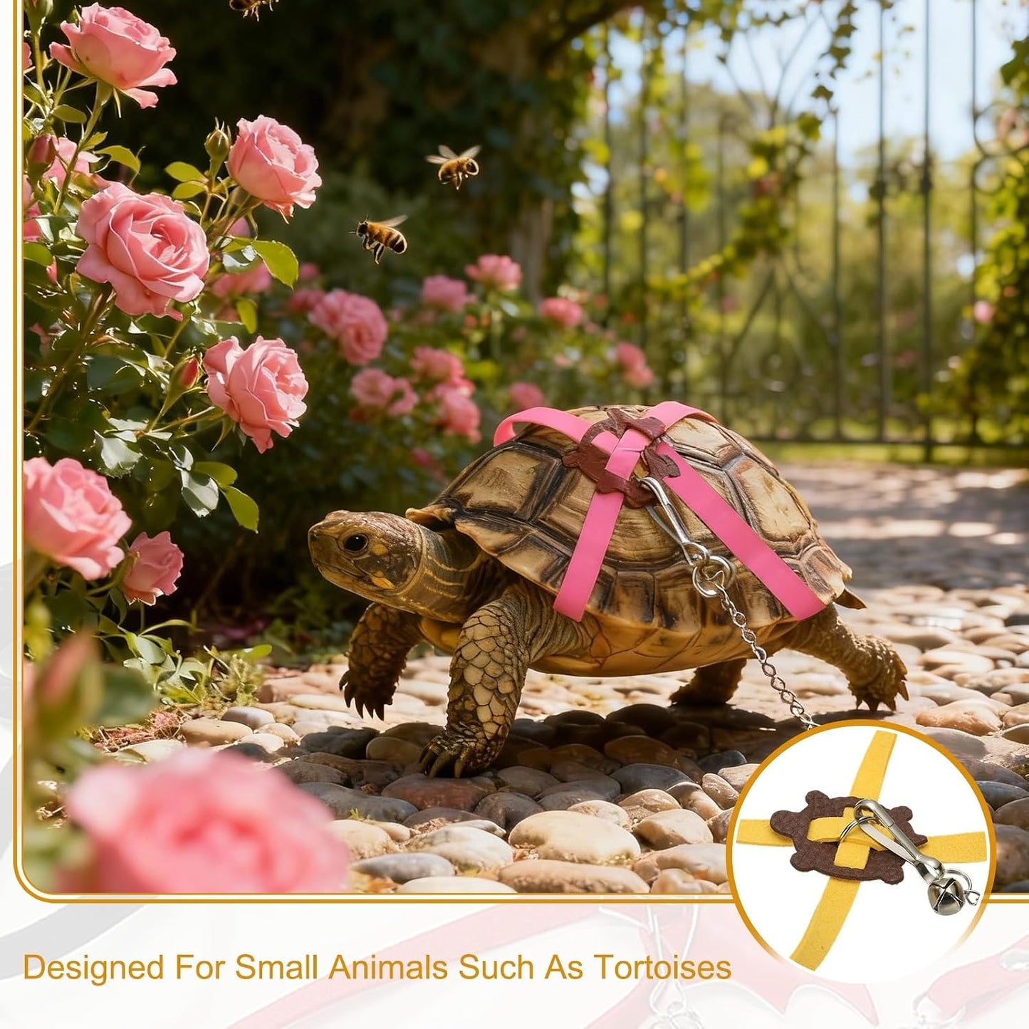 Tortoise Leash Harness, Adjustable Turtle Harness Chest Collar Pet Tortoise Walking Rope with Bell, (Leather, Small, Yellow), for Bearded Hamster Small Pets Outdoor