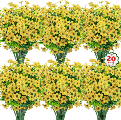 20 Bundles Artificial Flowers for Outdoors Fake Plants, Yellow | Realistic silk flowers, care-free, UV resistant, adjustable stems, summer porch patio garden planter window box home decor