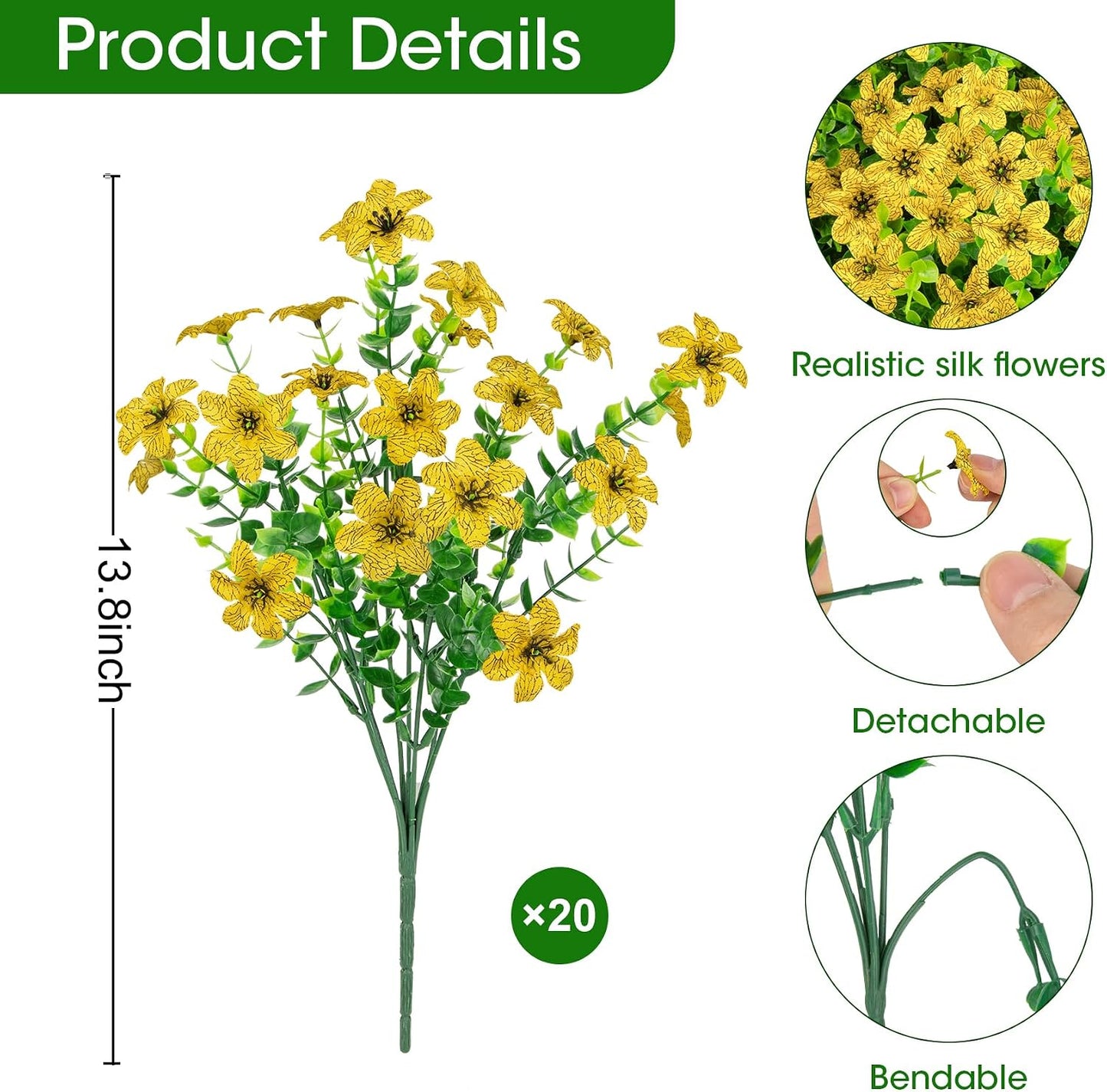 20 Bundles Artificial Flowers for Outdoors Fake Plants, Yellow | Realistic silk flowers, care-free, UV resistant, adjustable stems, summer porch patio garden planter window box home decor