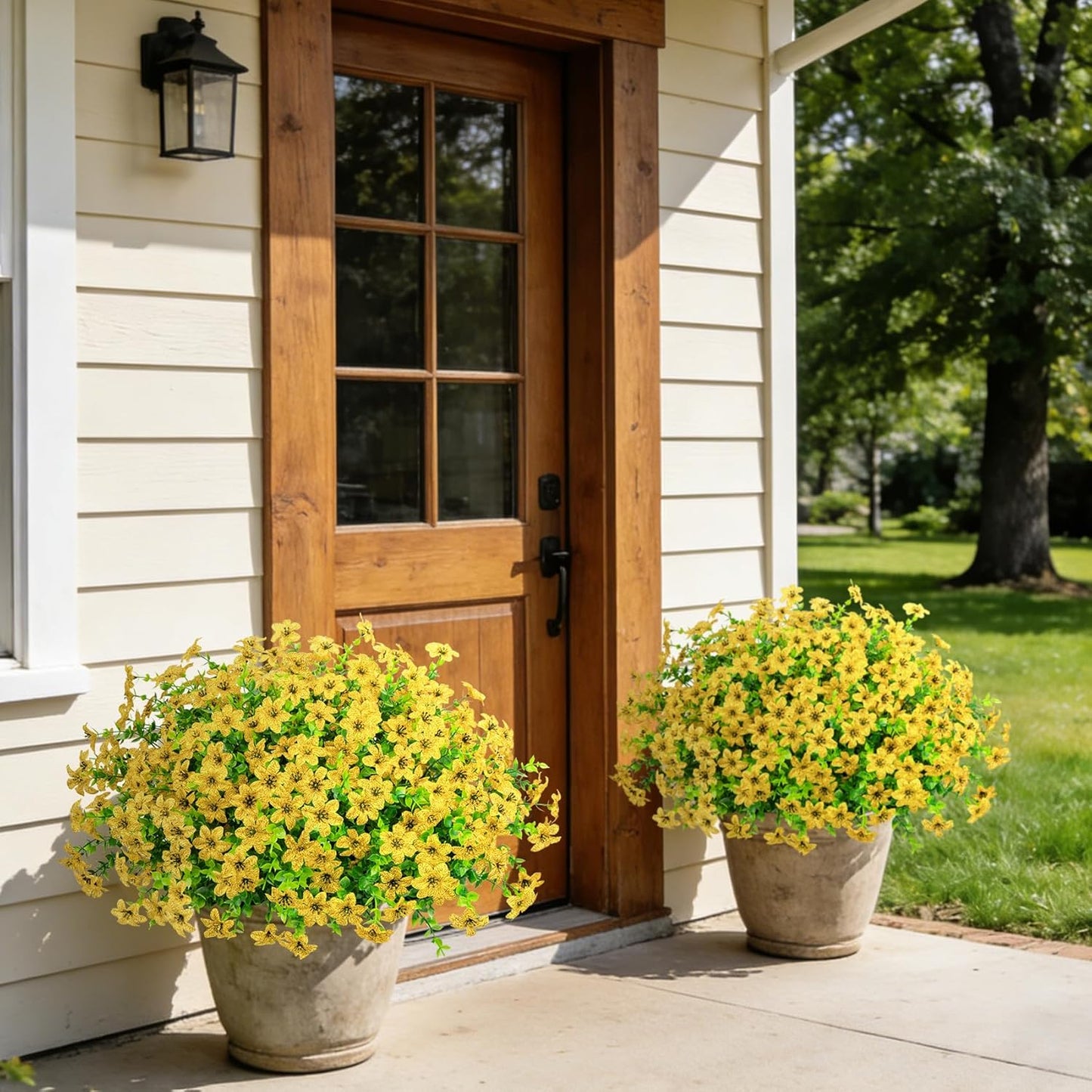 20 Bundles Artificial Flowers for Outdoors Fake Plants, Yellow | Realistic silk flowers, care-free, UV resistant, adjustable stems, summer porch patio garden planter window box home decor