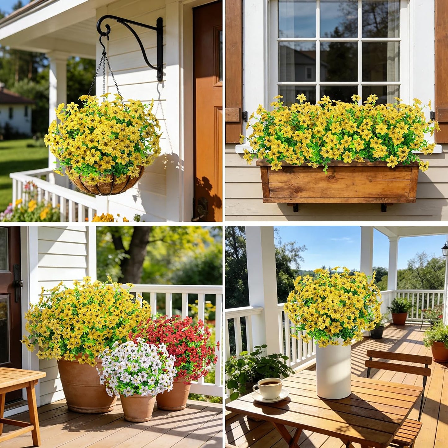 20 Bundles Artificial Flowers for Outdoors Fake Plants, Yellow | Realistic silk flowers, care-free, UV resistant, adjustable stems, summer porch patio garden planter window box home decor