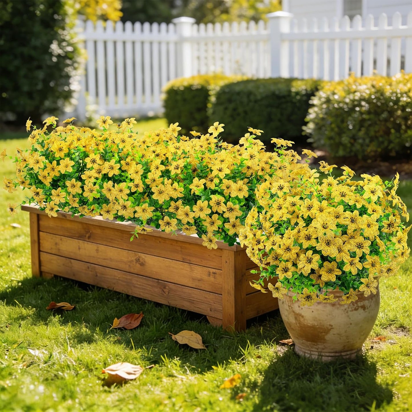 20 Bundles Artificial Flowers for Outdoors Fake Plants, Yellow | Realistic silk flowers, care-free, UV resistant, adjustable stems, summer porch patio garden planter window box home decor