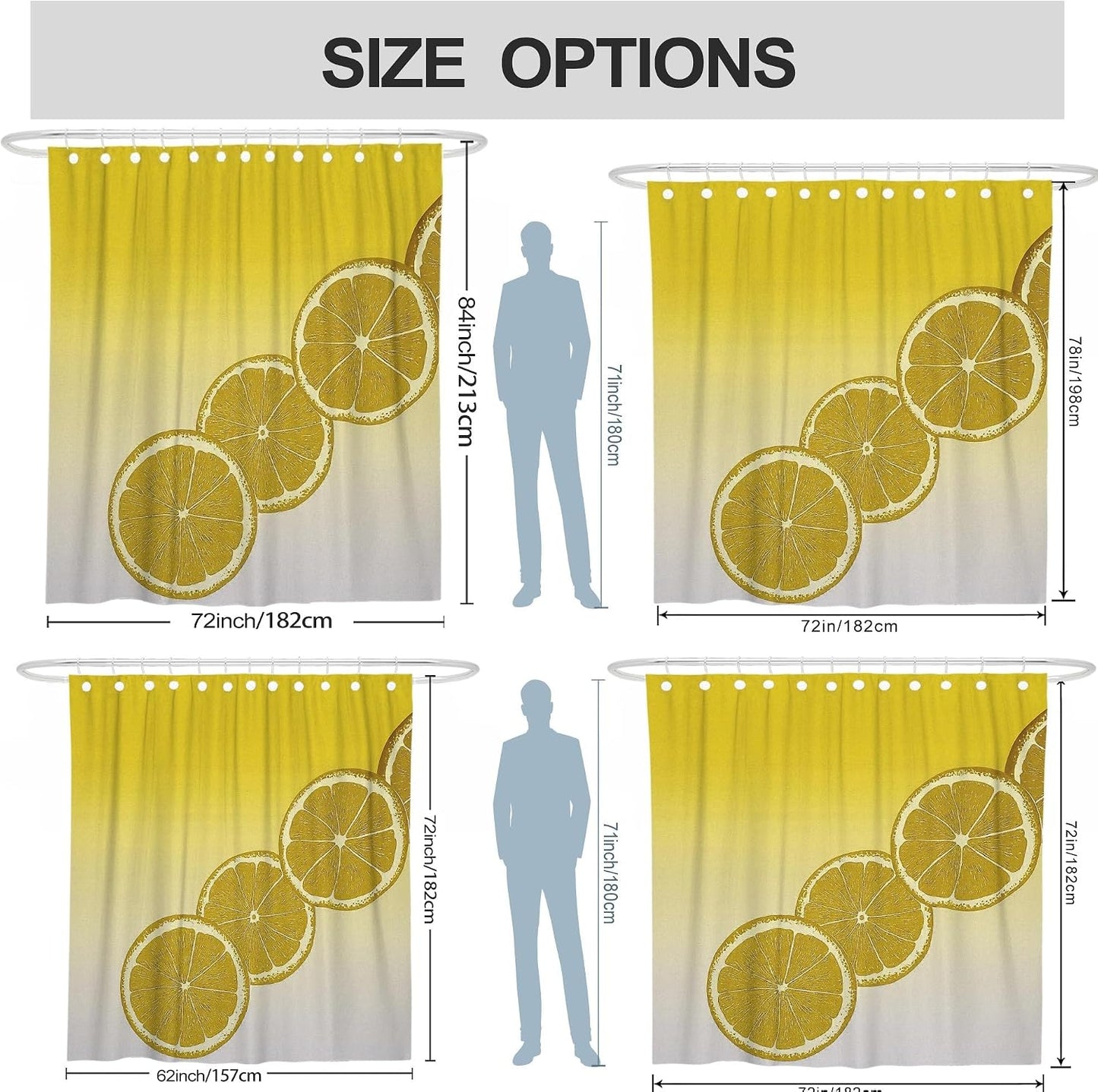 Citrus Shower Curtain, Yellow Lemon Bathroom Decor, Spring Summer Modern Bright Waterproof Fabric Shower Curtain with Hooks 62x72 Inch