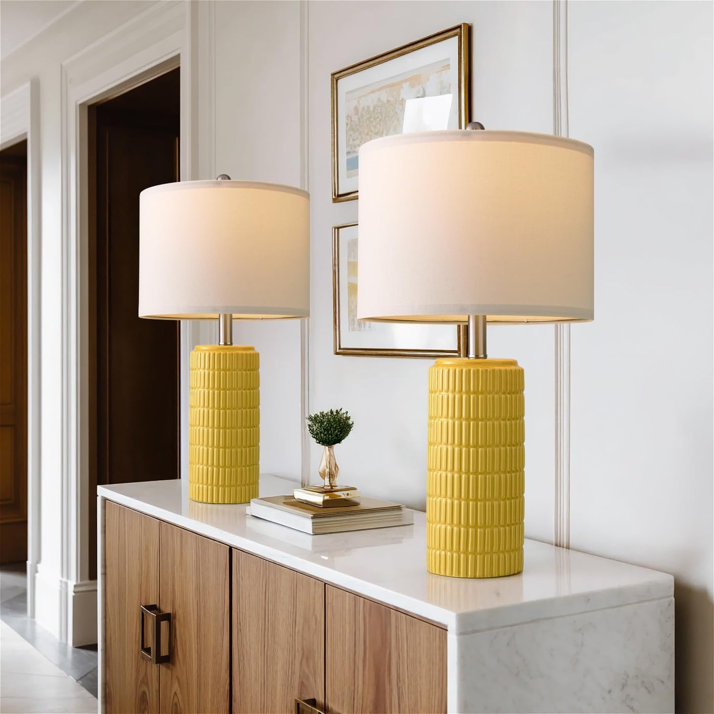 23" Yellow Table Lamps Set of 2, Modern Living Room End Table Lamps Decor, Ceramic Lamps for Living Room, Contemporary Nightstand Lamps for Side Console Table Hallway Gift