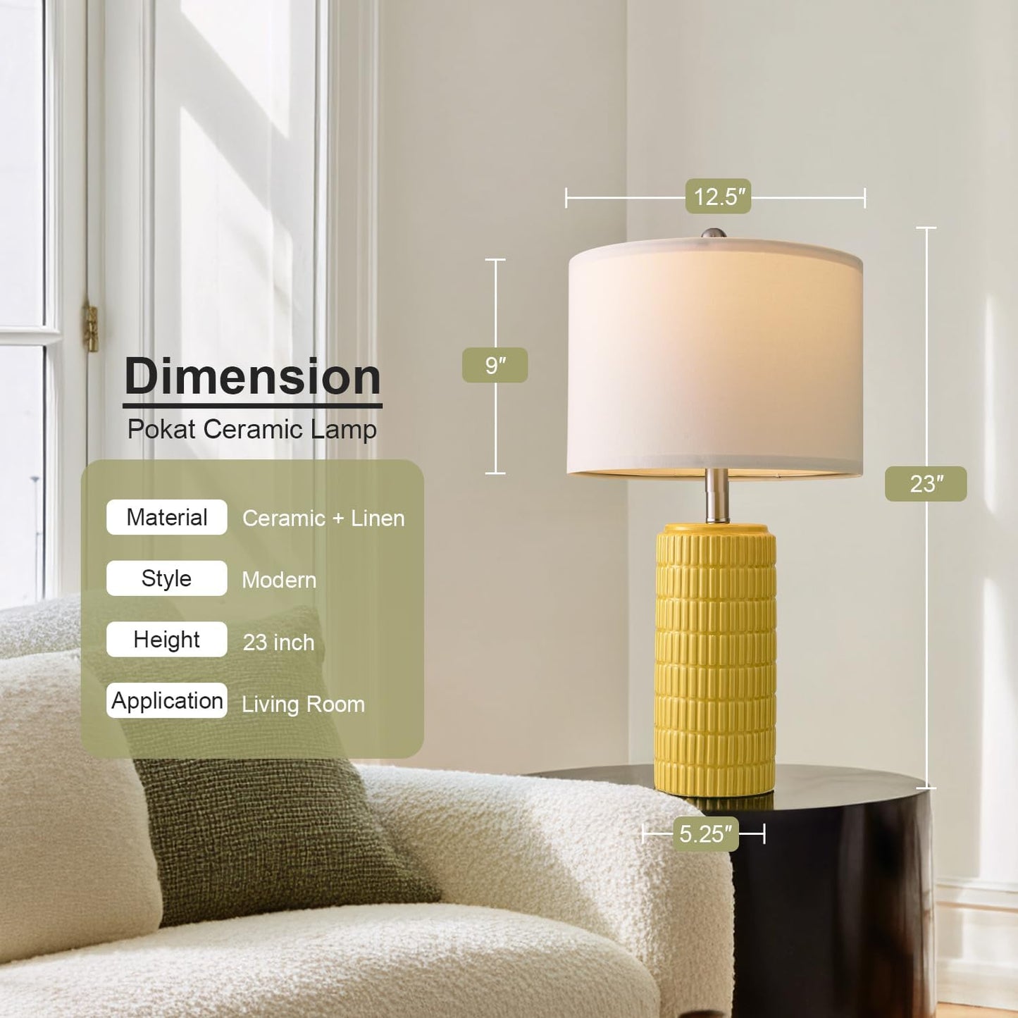 23" Yellow Table Lamps Set of 2, Modern Living Room End Table Lamps Decor, Ceramic Lamps for Living Room, Contemporary Nightstand Lamps for Side Console Table Hallway Gift