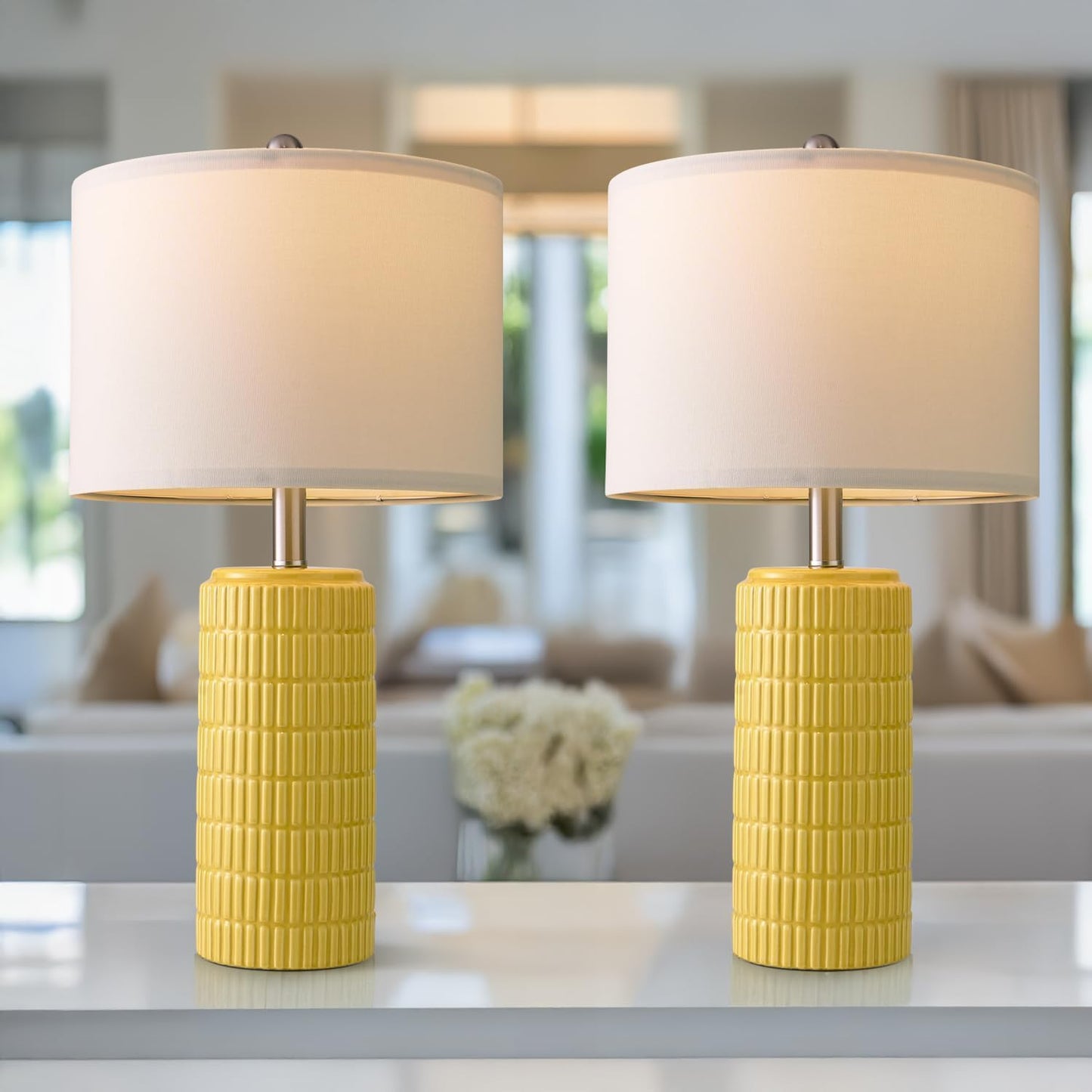 23" Yellow Table Lamps Set of 2, Modern Living Room End Table Lamps Decor, Ceramic Lamps for Living Room, Contemporary Nightstand Lamps for Side Console Table Hallway Gift