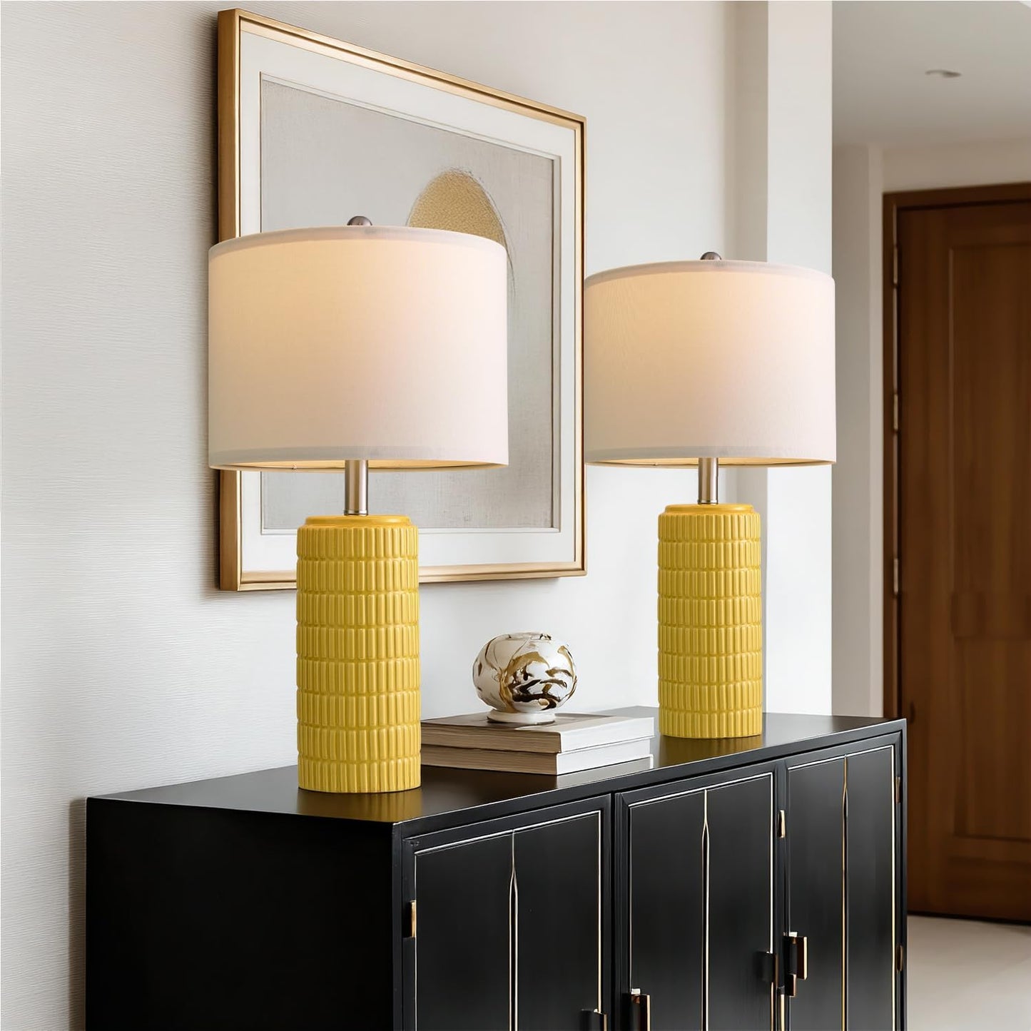 23" Yellow Table Lamps Set of 2, Modern Living Room End Table Lamps Decor, Ceramic Lamps for Living Room, Contemporary Nightstand Lamps for Side Console Table Hallway Gift
