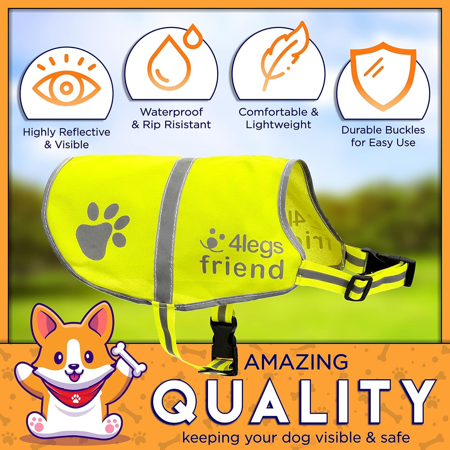 Upgraded Reflective Dog Vest. Hi-Visibility, Fluorescent Neon Yellow Dog Vest Helps Protect Your Best Friend. Safeguard Your PUP from Motorists & Hunting Accidents, On or Off Leash