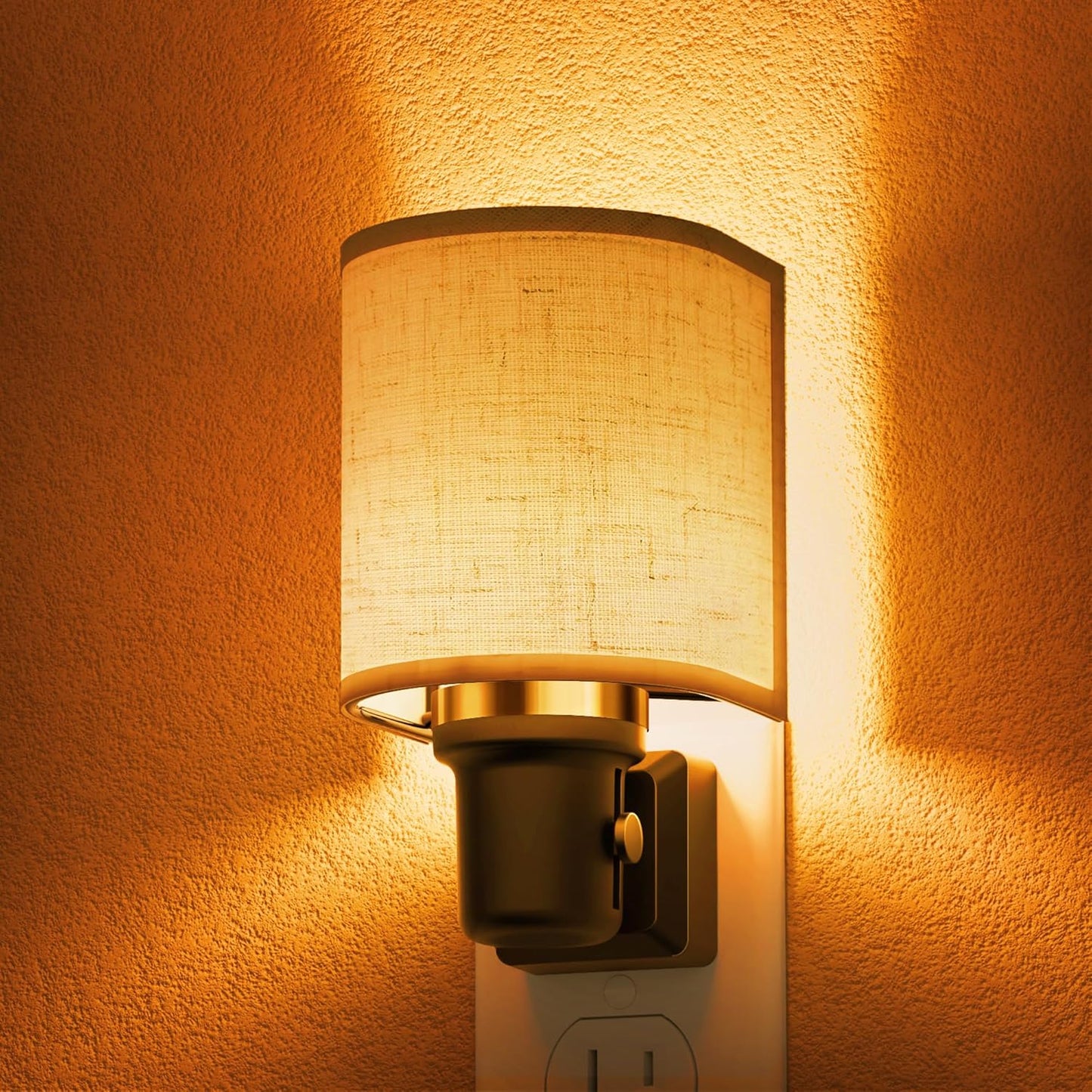 Amber Night Lights Plug into Wall, Plug in Night Light Dimmable, Farmhouse Decorative Nightlights Plug in Wall, Light Sensor, Linen Fabric Yellow Nightlight for Bedroom Hallway, 1 Pack