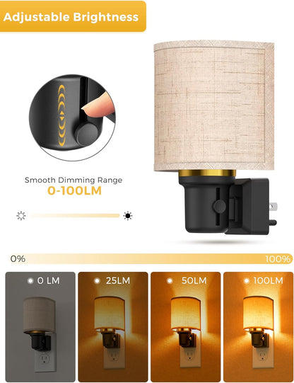 Amber Night Lights Plug into Wall, Plug in Night Light Dimmable, Farmhouse Decorative Nightlights Plug in Wall, Light Sensor, Linen Fabric Yellow Nightlight for Bedroom Hallway, 1 Pack