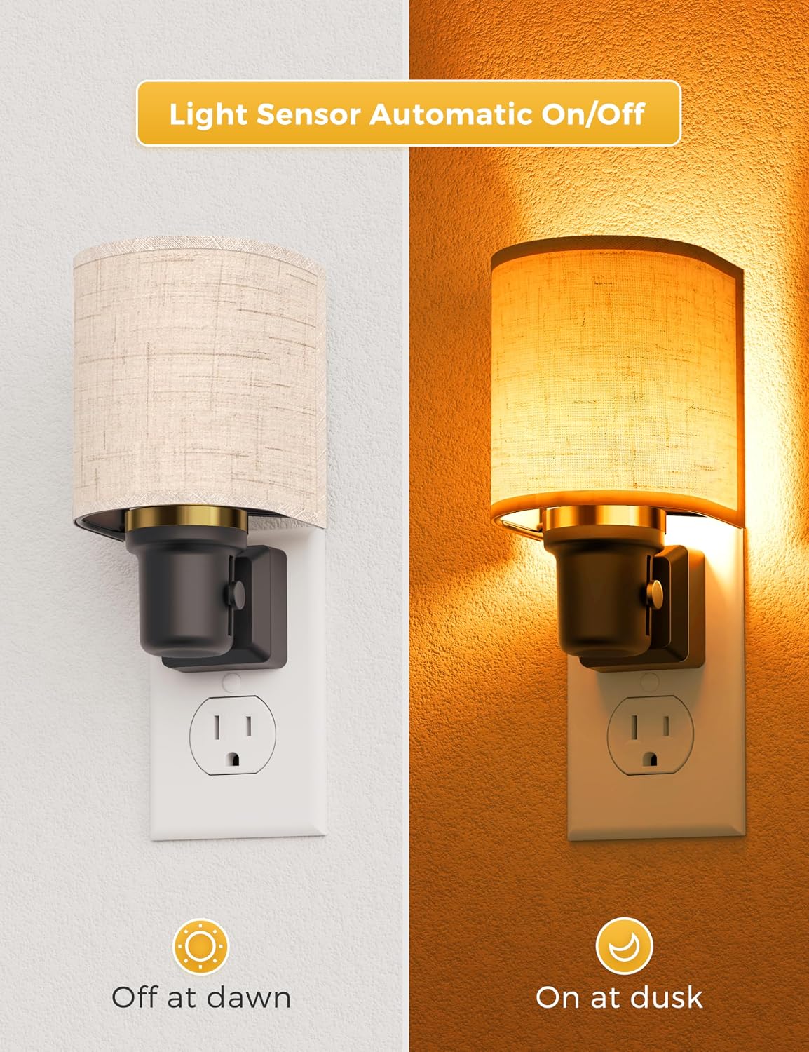 Amber Night Lights Plug into Wall, Plug in Night Light Dimmable, Farmhouse Decorative Nightlights Plug in Wall, Light Sensor, Linen Fabric Yellow Nightlight for Bedroom Hallway, 1 Pack