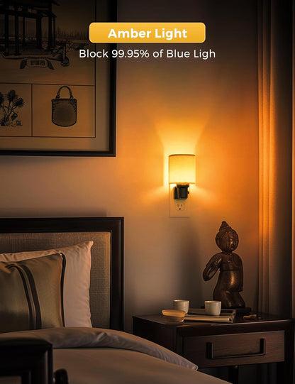Amber Night Lights Plug into Wall, Plug in Night Light Dimmable, Farmhouse Decorative Nightlights Plug in Wall, Light Sensor, Linen Fabric Yellow Nightlight for Bedroom Hallway, 1 Pack